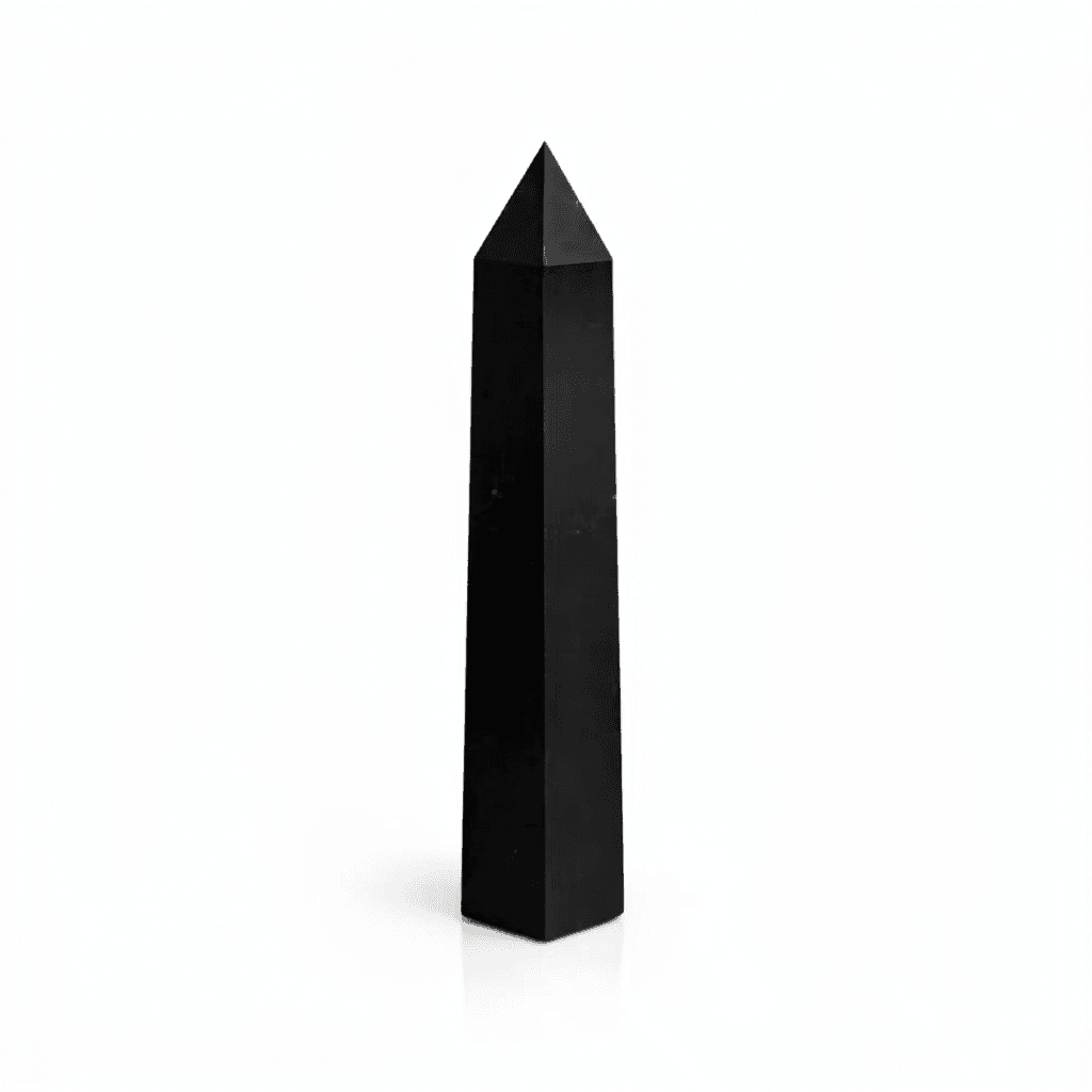 Black tourmaline six-face obelisk standing upright, 17cm