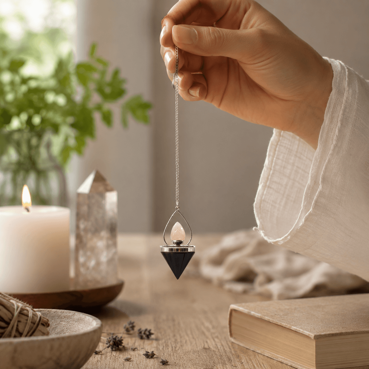 Close-up of the black agate and rose quartz lantern design