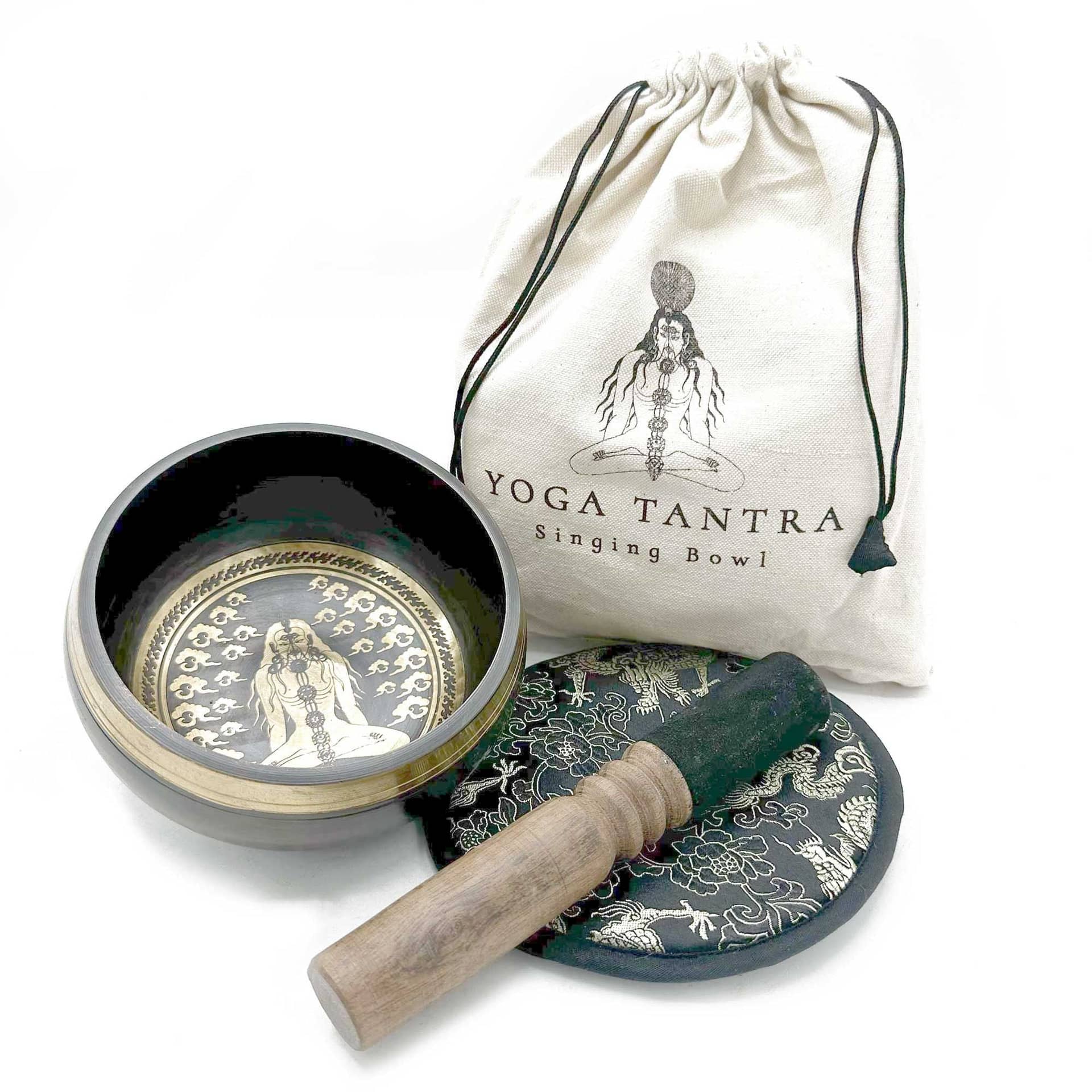 Yogi engraved singing bowl gift set with mallet, cushion and pouch