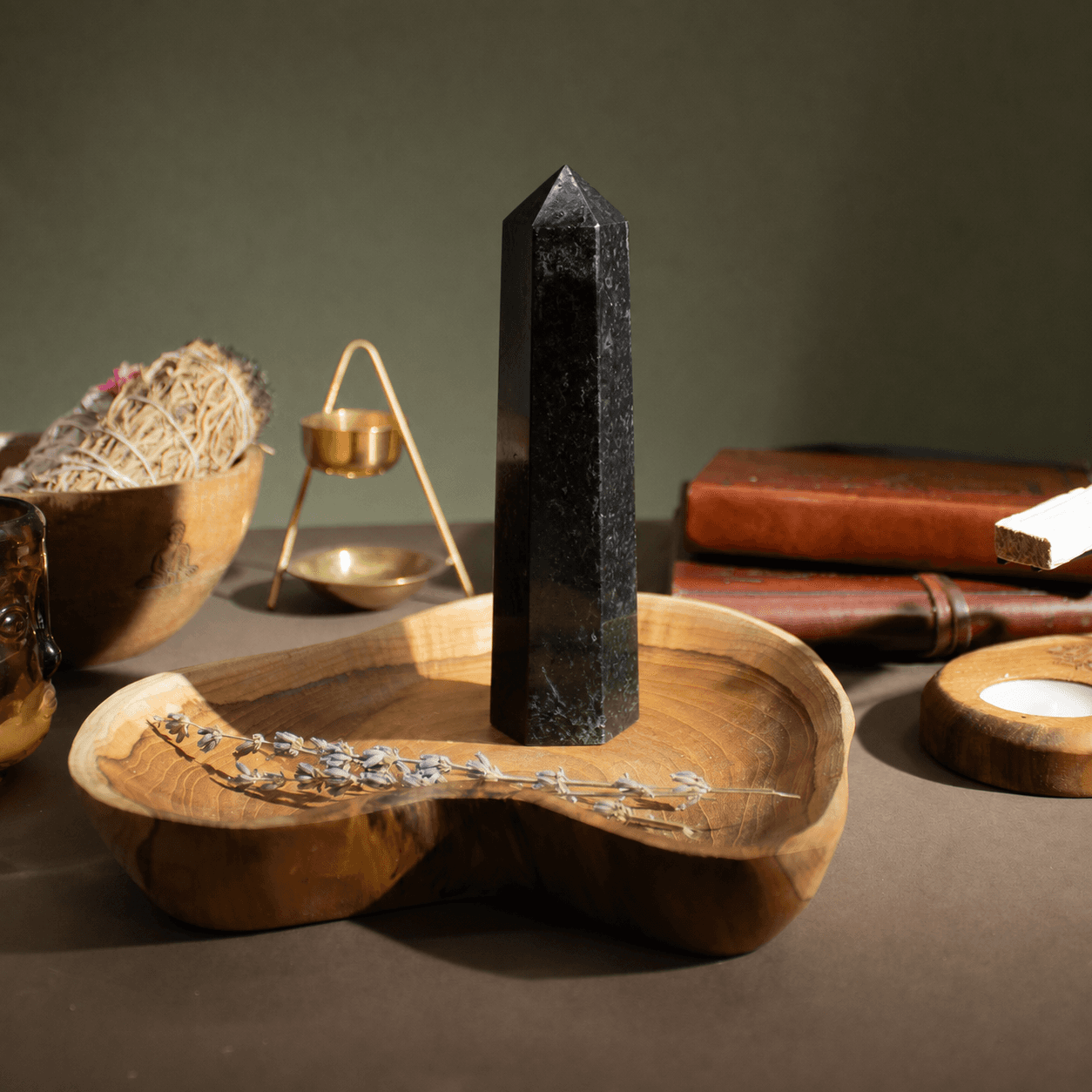 Close-up of the polished black tourmaline faces
