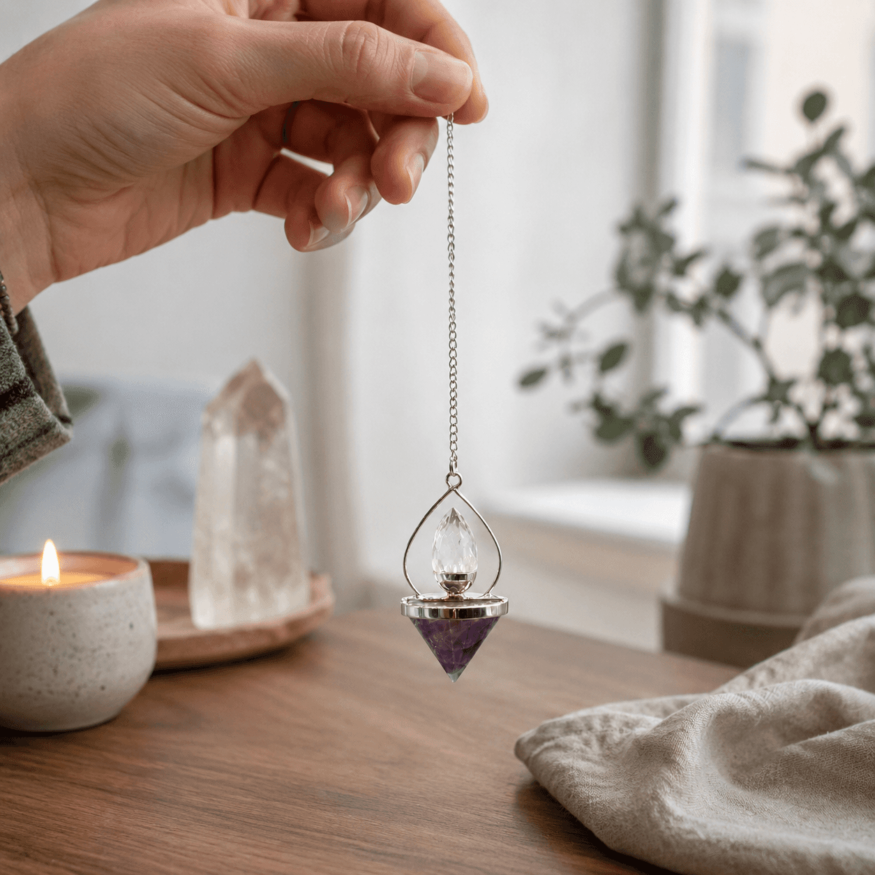 Close-up of the amethyst and rock quartz lantern design