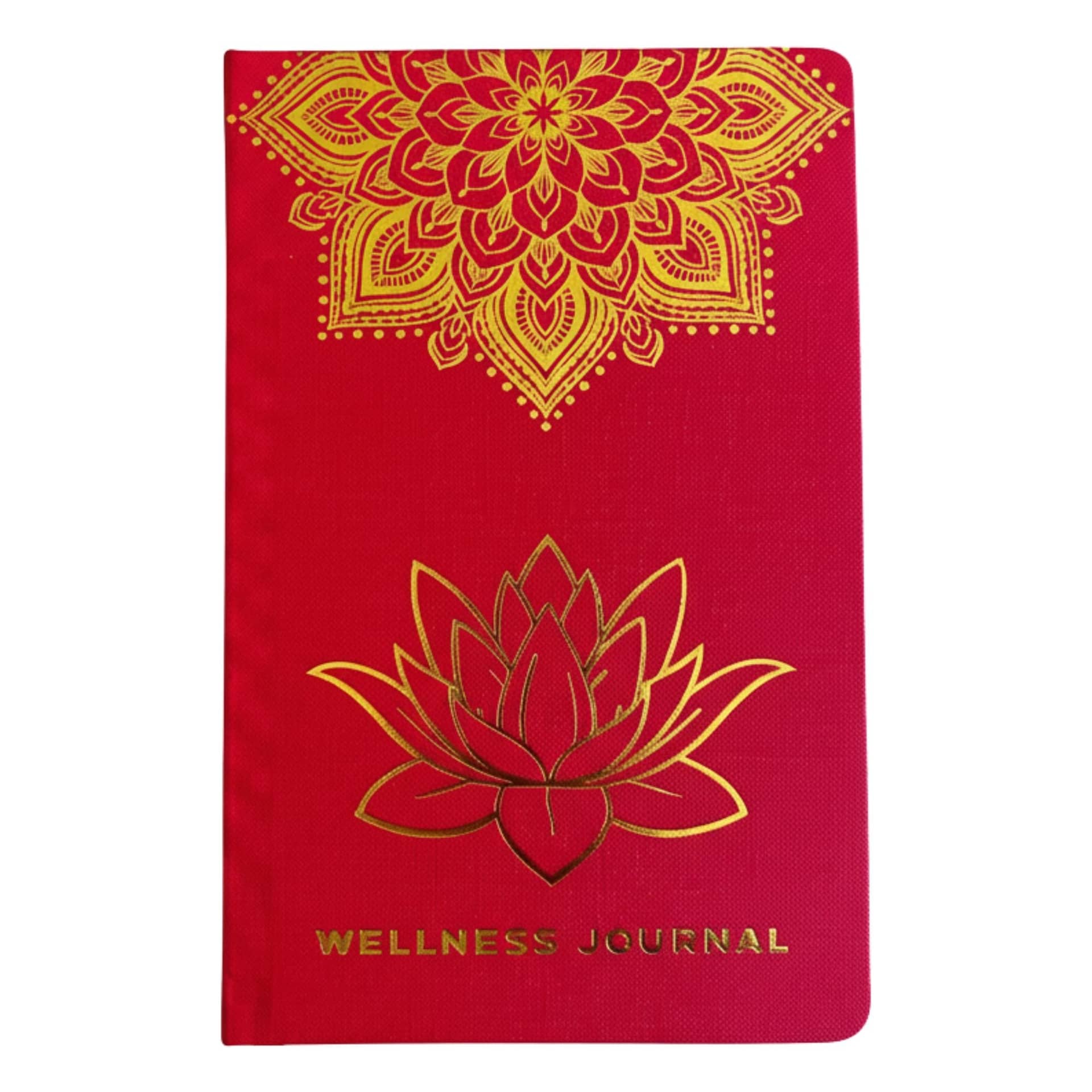 Red wellness journal with golden mandala and lotus cover