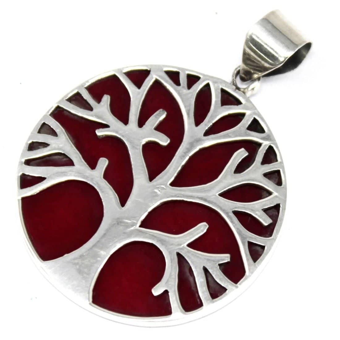 Silver Tree of Life pendant with coral effect inlay