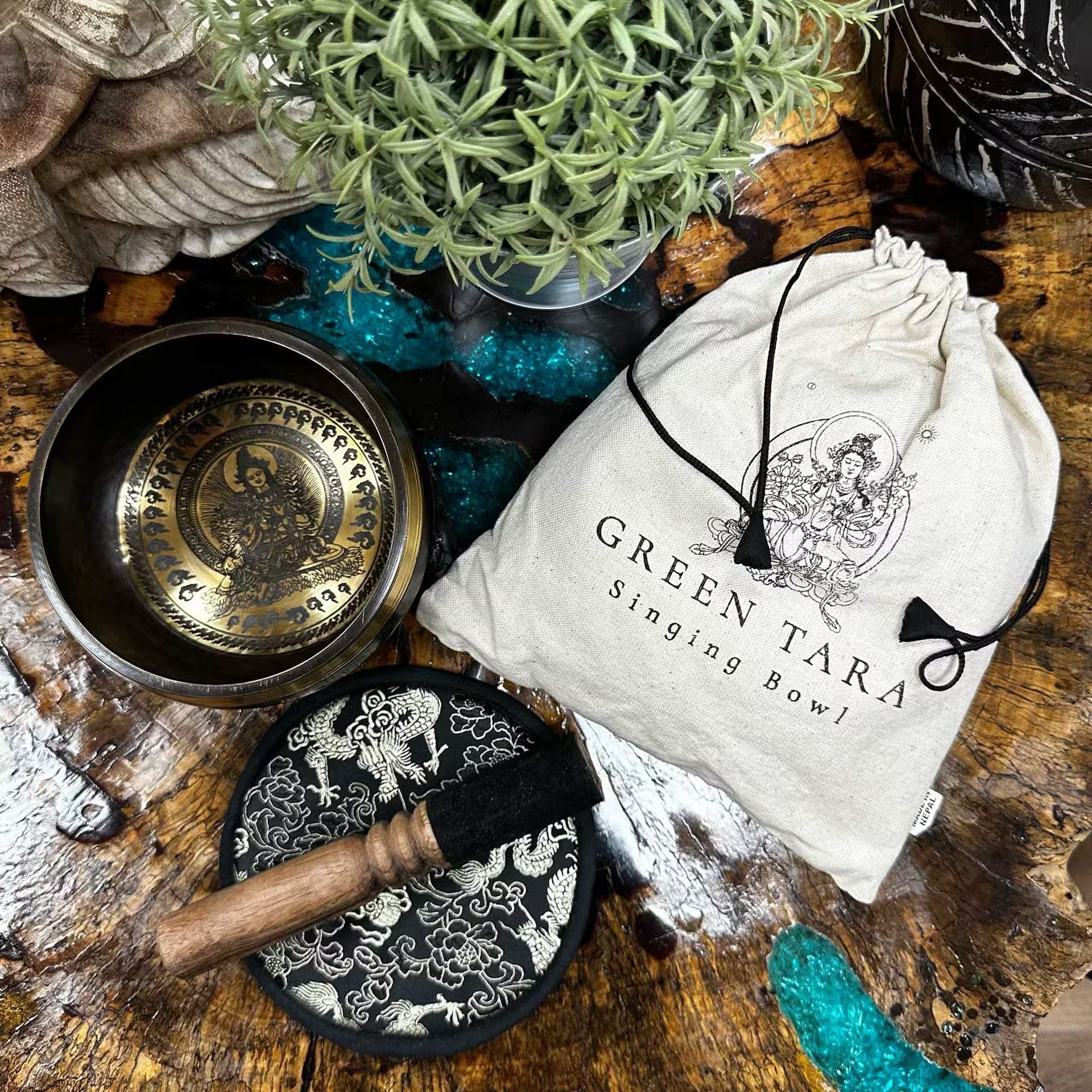 Engraved Singing Bowl Gift Set 14cm, Green Tara Thumbnail