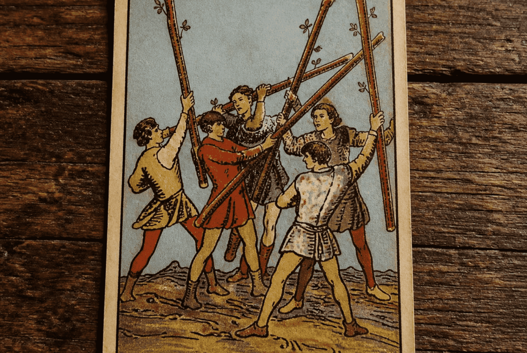 Five of Wands Tarot Card Meaning: Love, Health & Spiritual Insights Thumbnail