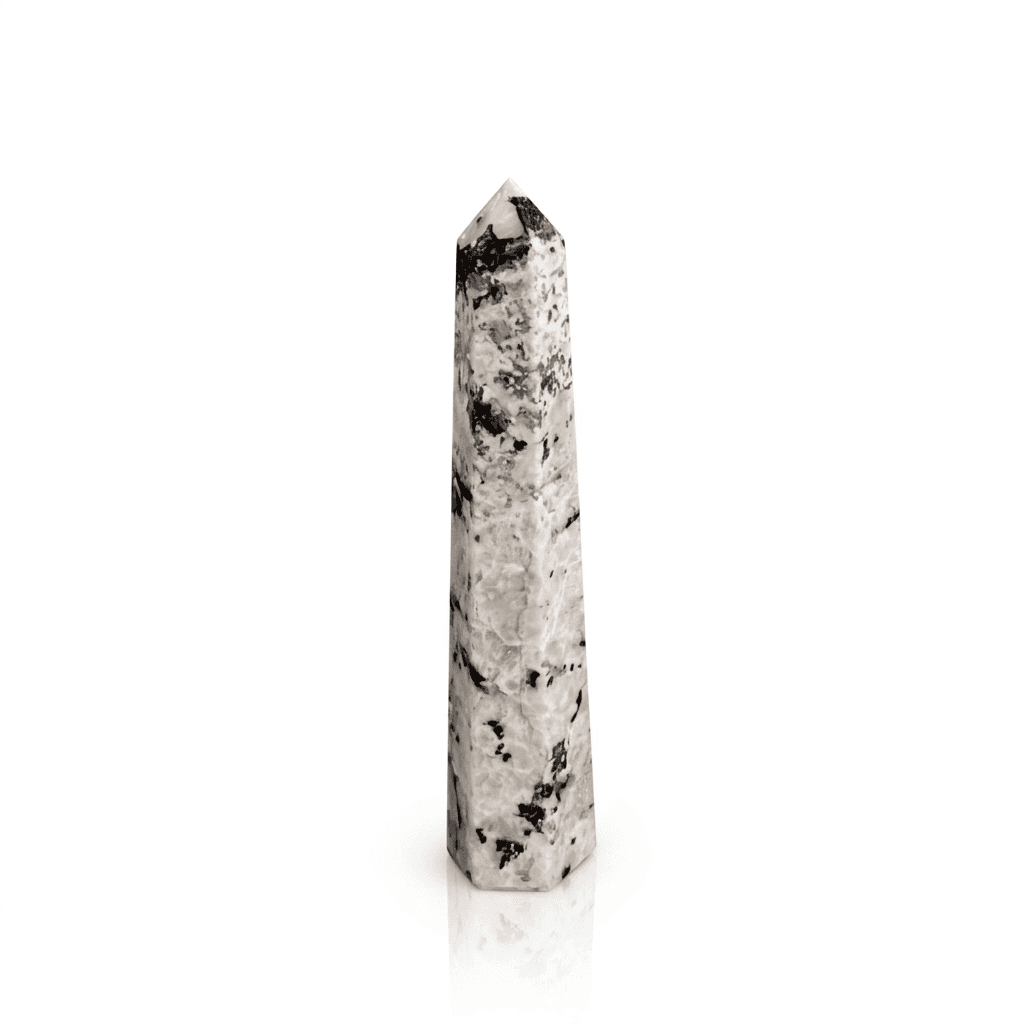 Rainbow moonstone six-face obelisk standing upright, 17cm
