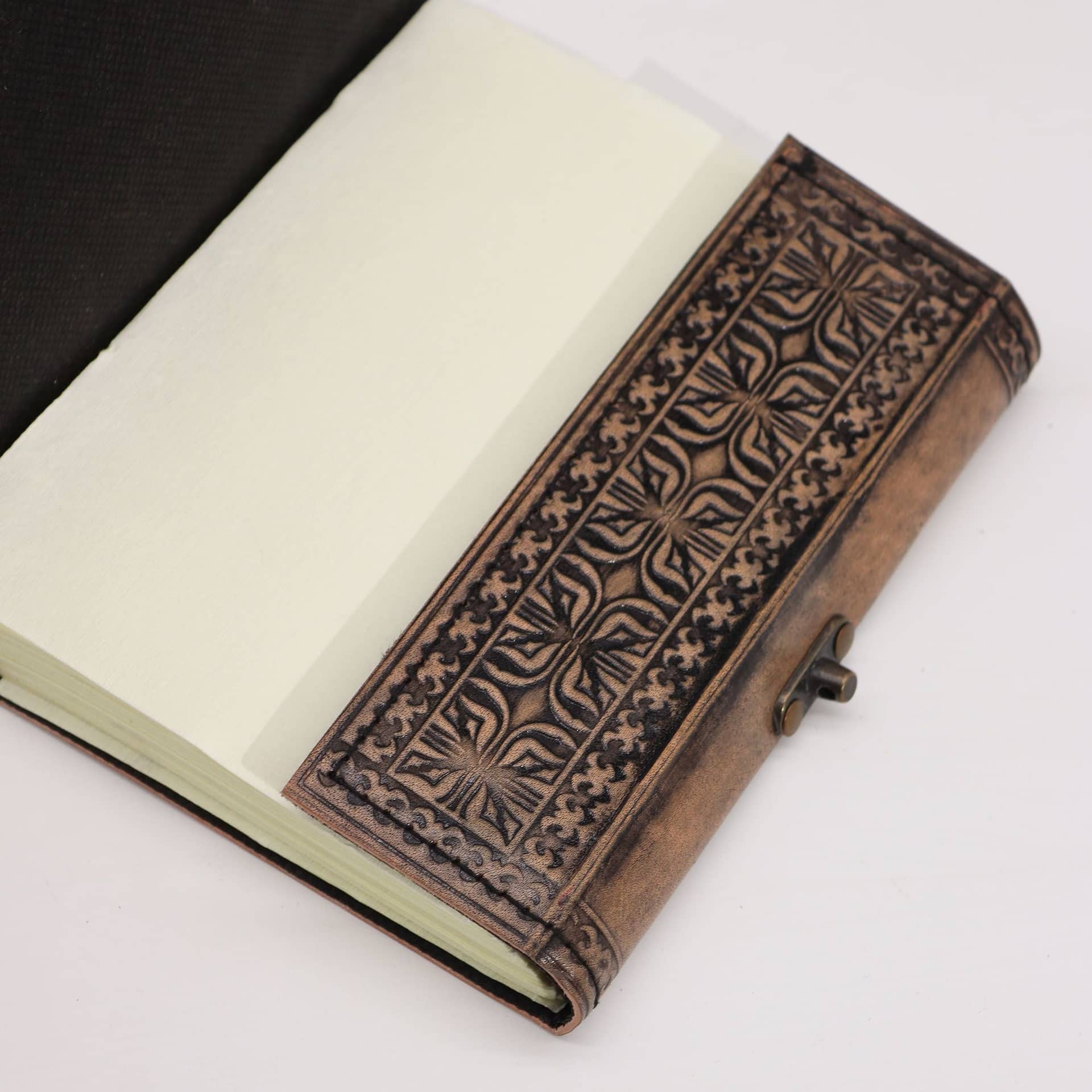 Close-up of the Hamsa design on the leather cover
