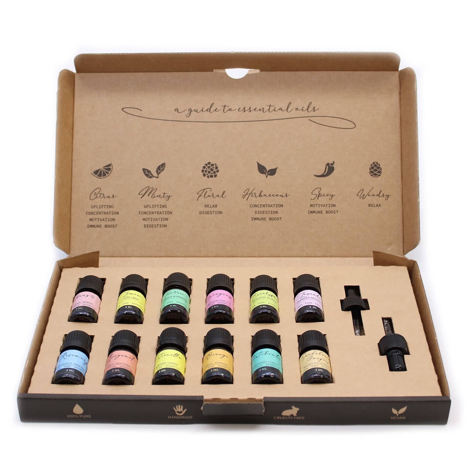 Essential oil bottles and droppers beside a diffuser