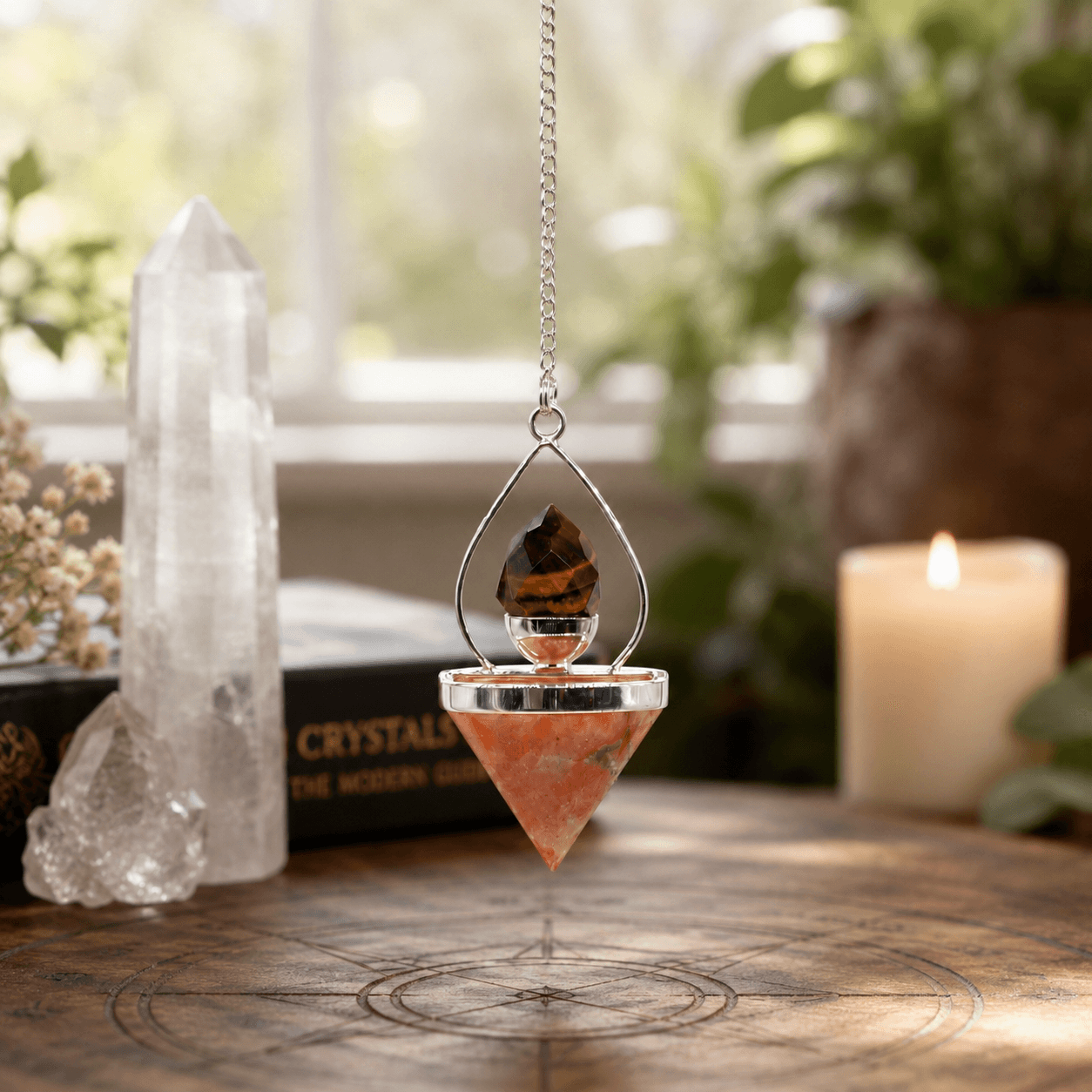 Close-up of the faceted tiger's eye detail on the pendulum