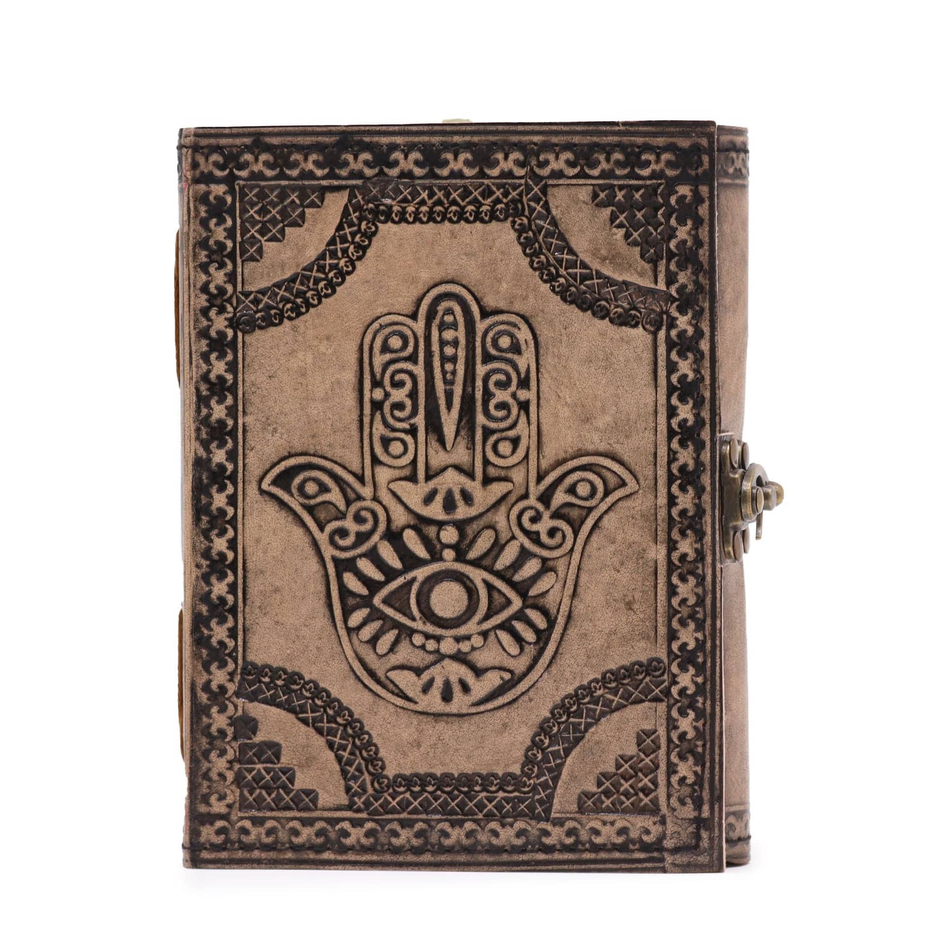 Esoteric leather notebook with a Hamsa hand design