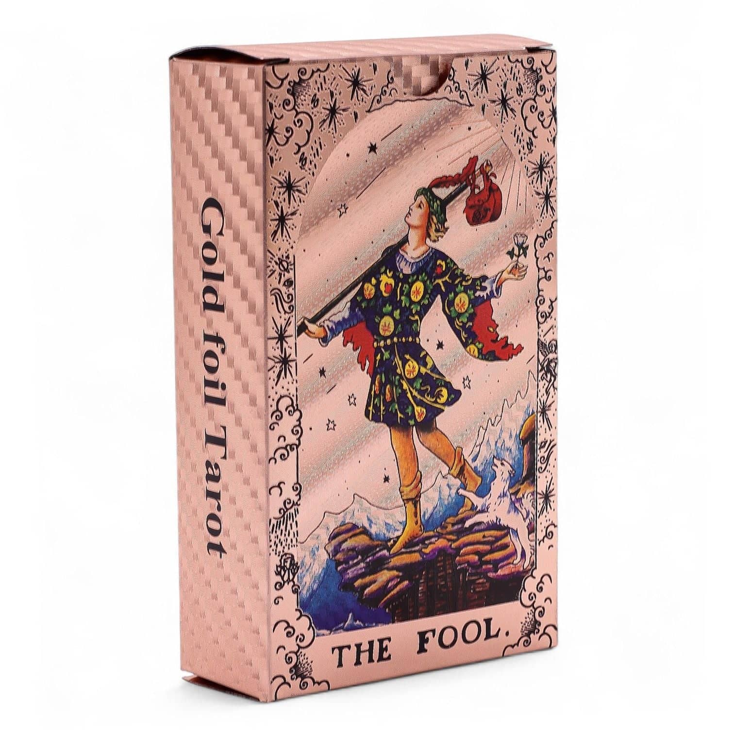 Rose gold foil moon phase tarot cards fanned out with booklet
