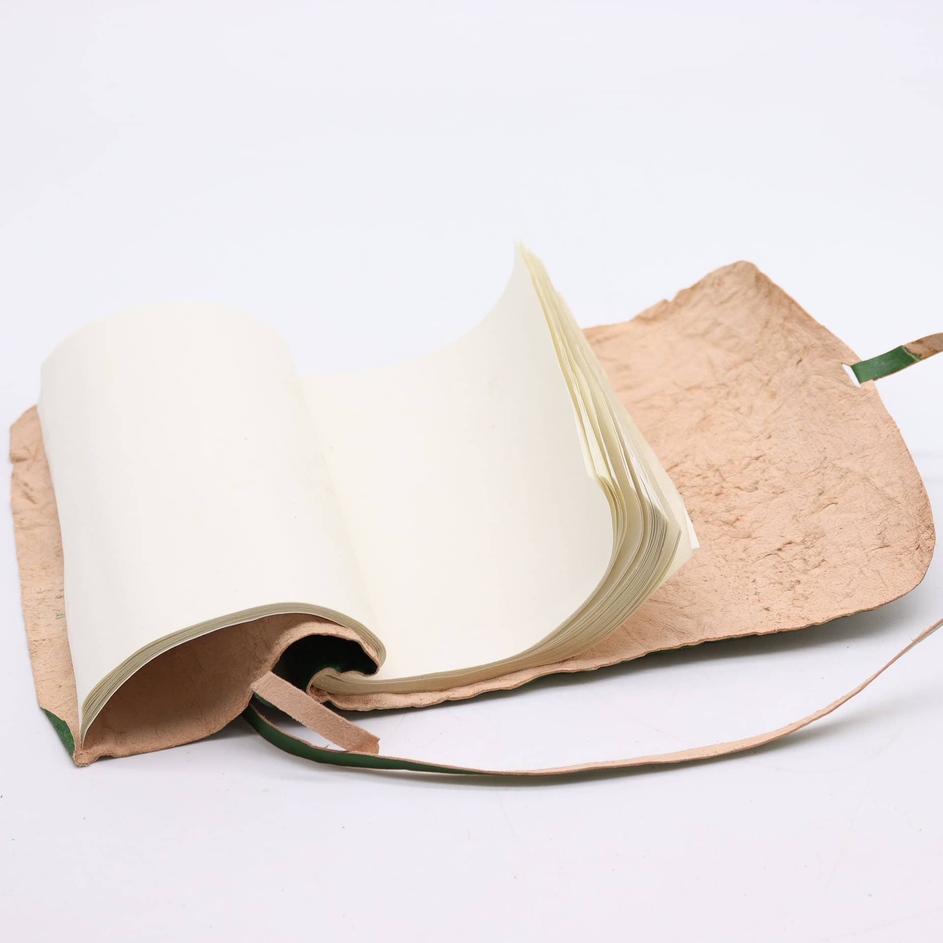 Close-up of the rolled green leather cover