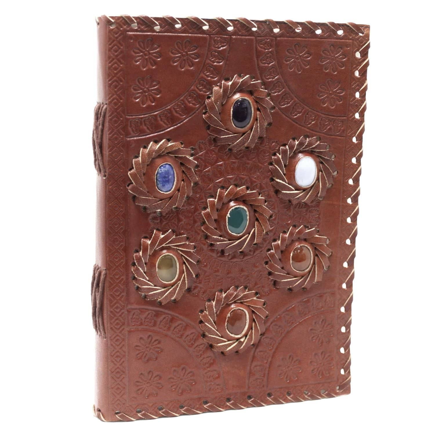 Chakra stone leather journal with gemstone-set cover