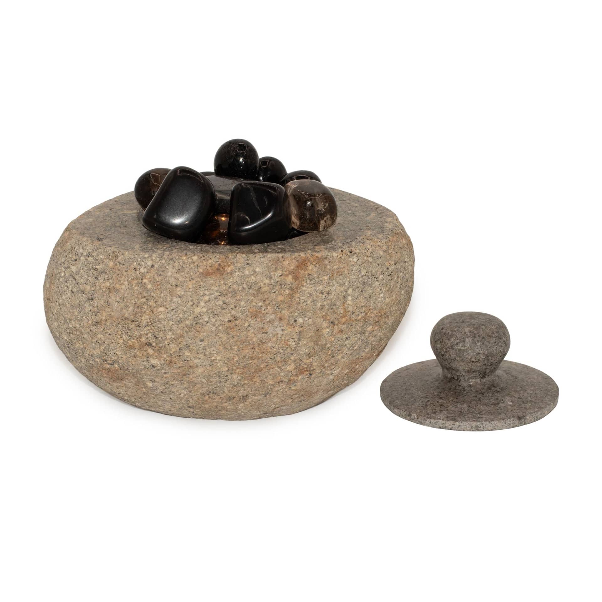Riverstone pot with the lid lifted to show the inside