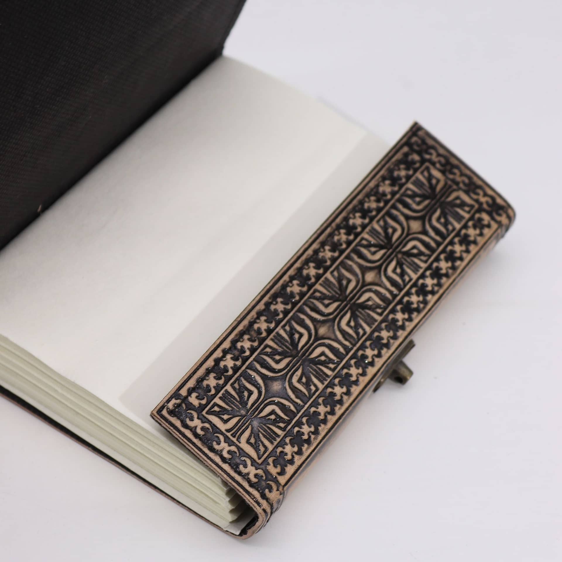 Close-up of the Buddha design on the leather cover