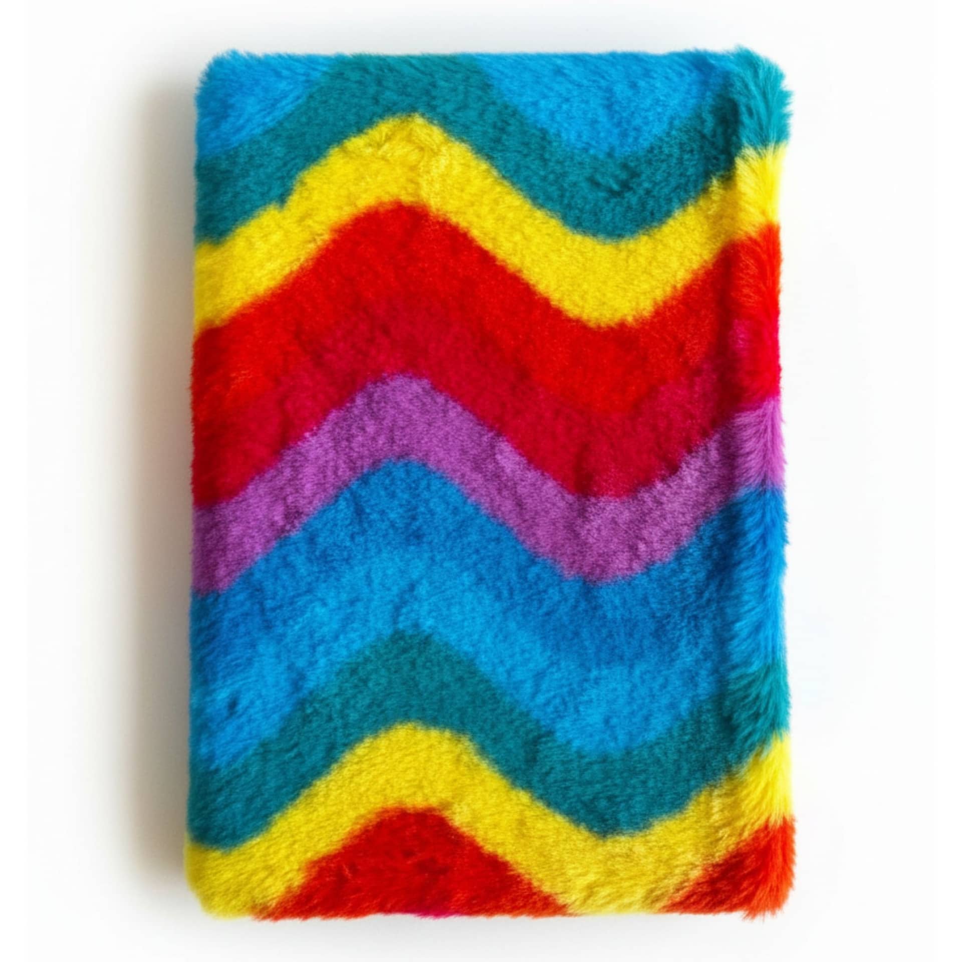 Close-up of the embroidered lettering on rainbow faux fur