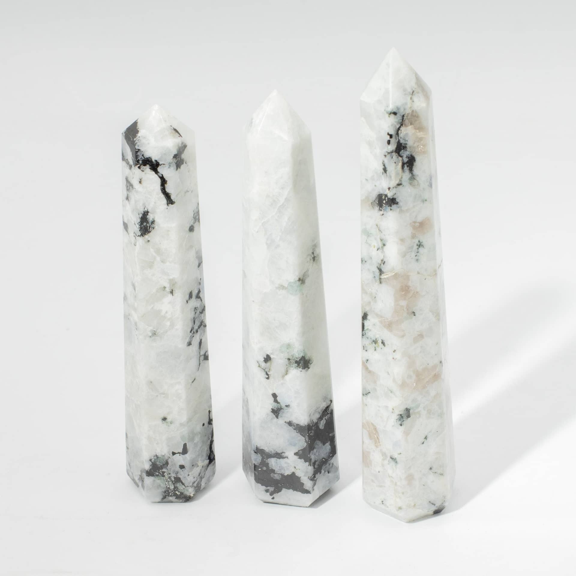 Side view of the six polished faces of the moonstone obelisk