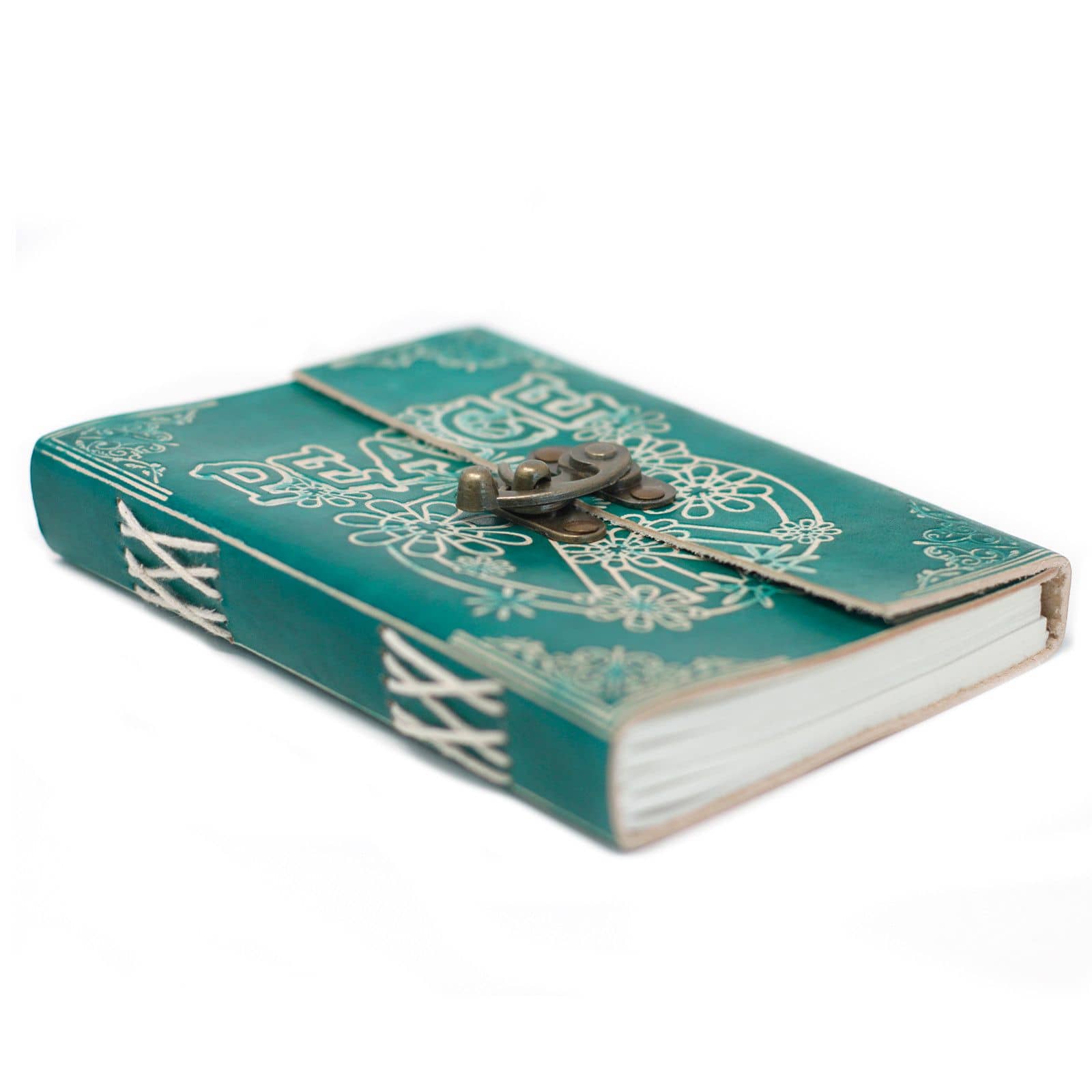 Close-up of the lock on the green leather cover