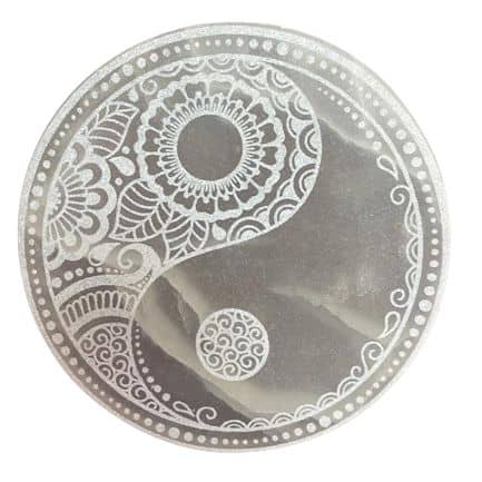Large 18cm selenite charging plate with carved feng shui design