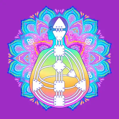 Human design bodygraph chart design with decorative mandala-inspired background.