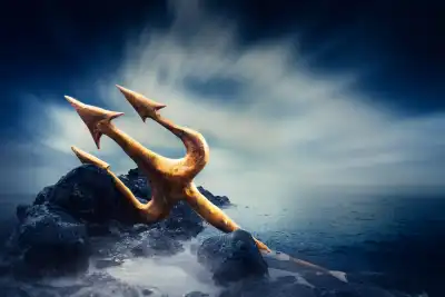 Close up of Poseidon's trident sticking out of the sea