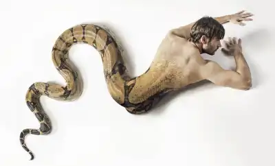 The upper body and head of a man with a snakes tail