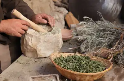 person grining Skullcap with pestle and mortar