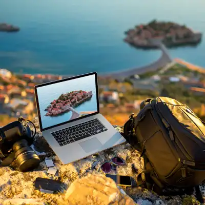Someone travel blogging on their laptop. 