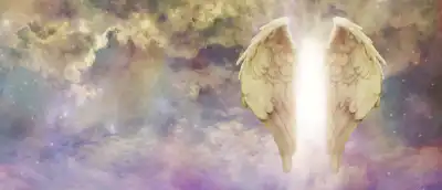 Image of a purple sky with angel wings and a light shining through the wings