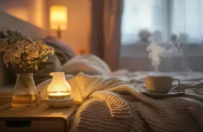Cosy sleeping environment with warm light and hot tea