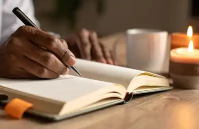 person writing with candle and mug of tea