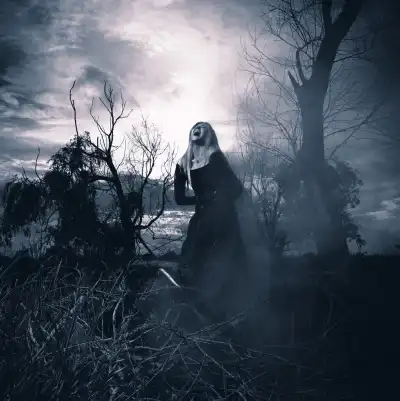 An Irish Banshee crying in a black forest