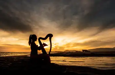 someone playing the harp at sunset on beach