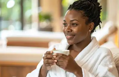 woman in dressing gown holding mug