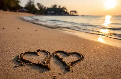 two sand love hearts on beach