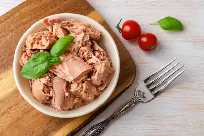 Tuna in a bowl with salad garnish