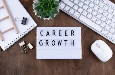 career growth sign on desk with keyboard mouse and plant