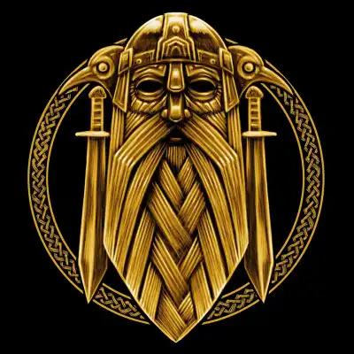 Graphic illustration of the Norse God, Odin, with crows and swords on either side, surrounded by a the ring