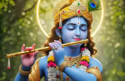 Krishna playing a flute wearing a crown.