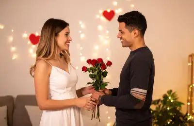 Image of a bunch of red roses being exchanged.