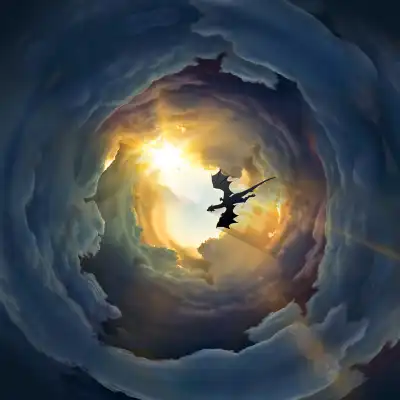 Dragon flying in a cloudy sky.