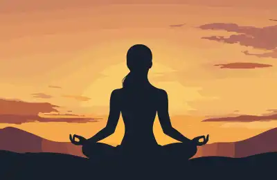 cartoon of person meditating at sunrise