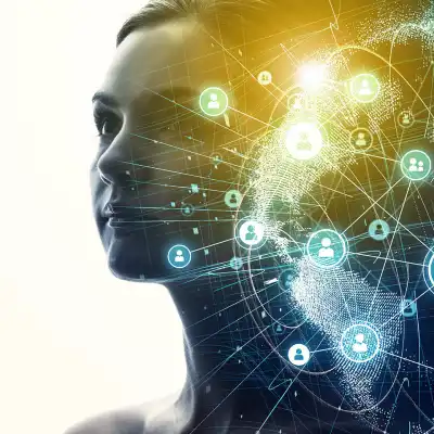 Woman's face alongside an image of the earth with images of connected people.