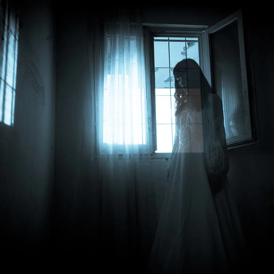 A ghostly figure in front of a window