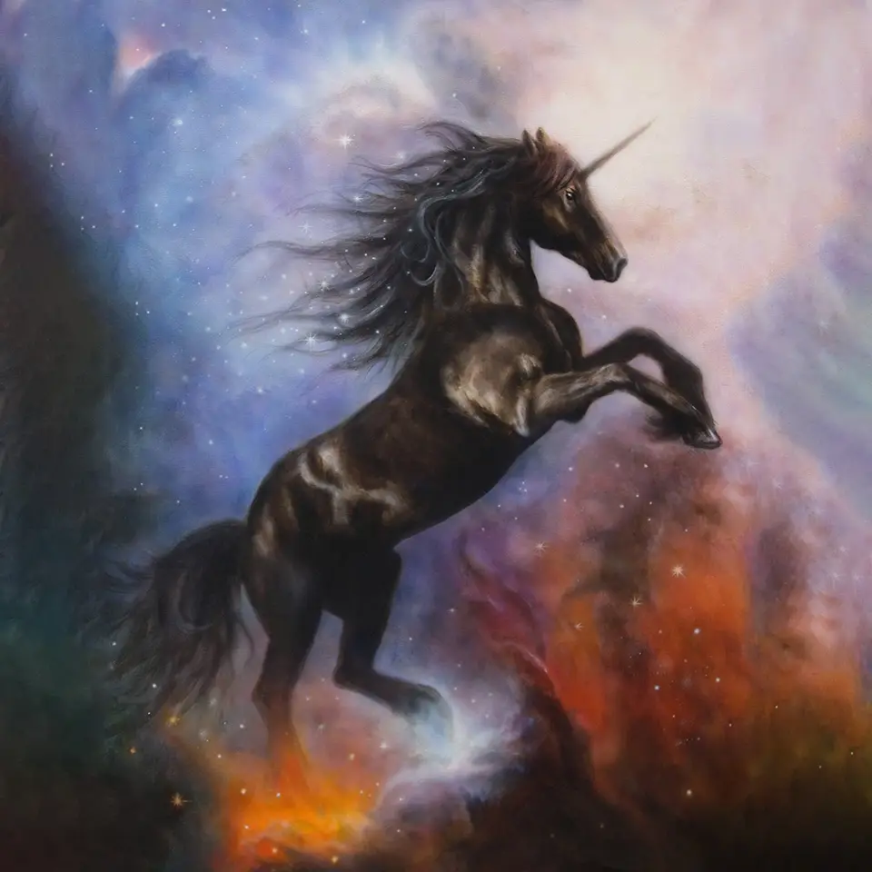 Painting of a black unicorn dancing in space