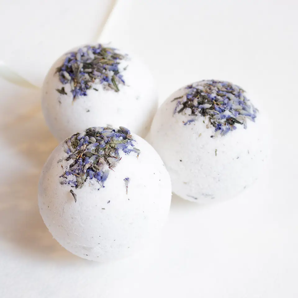 Holistic herbal bath bombs made with lavender flowers