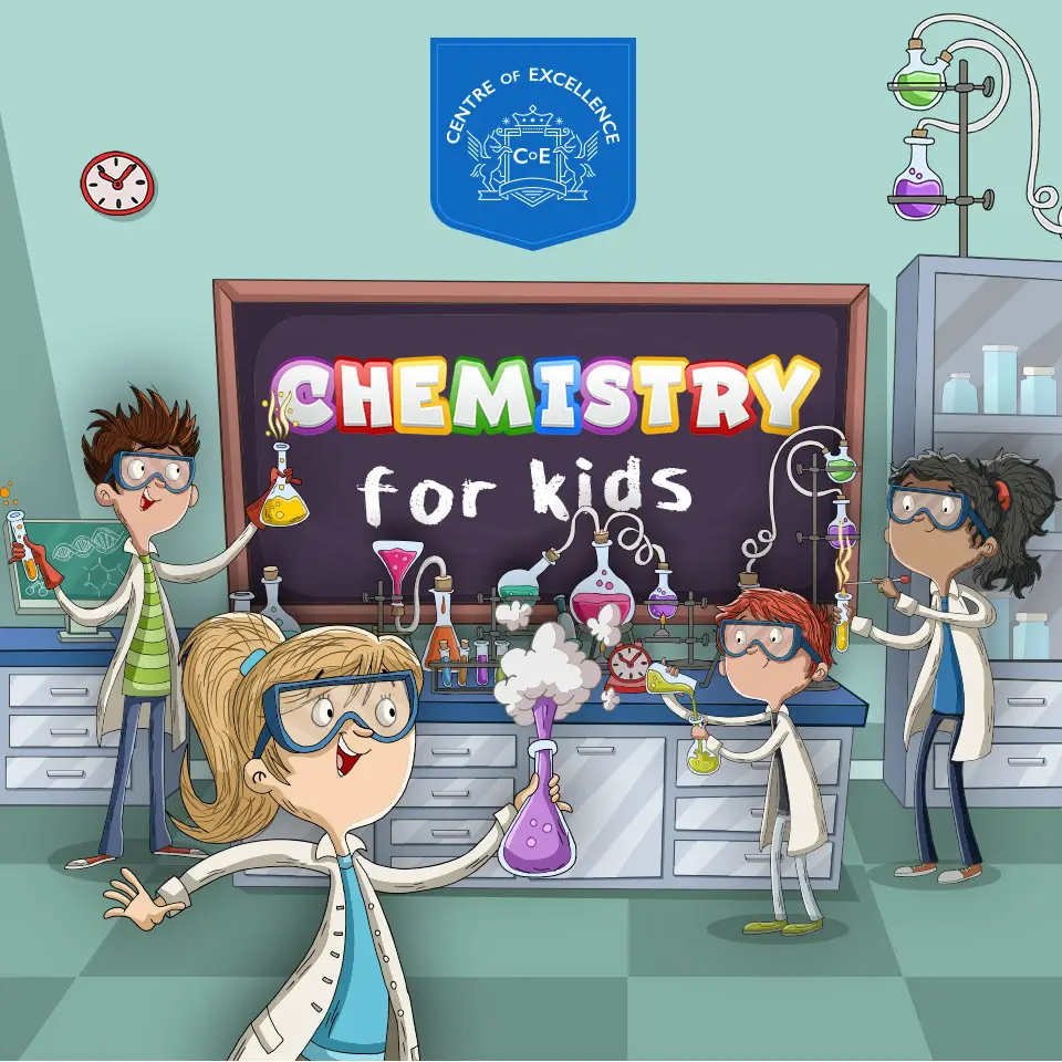 Illustration of children doing chemistry in a school science lab