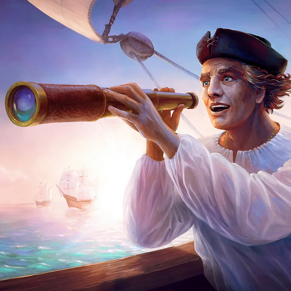 Portrait of Christopher Columbus looking through a telescope