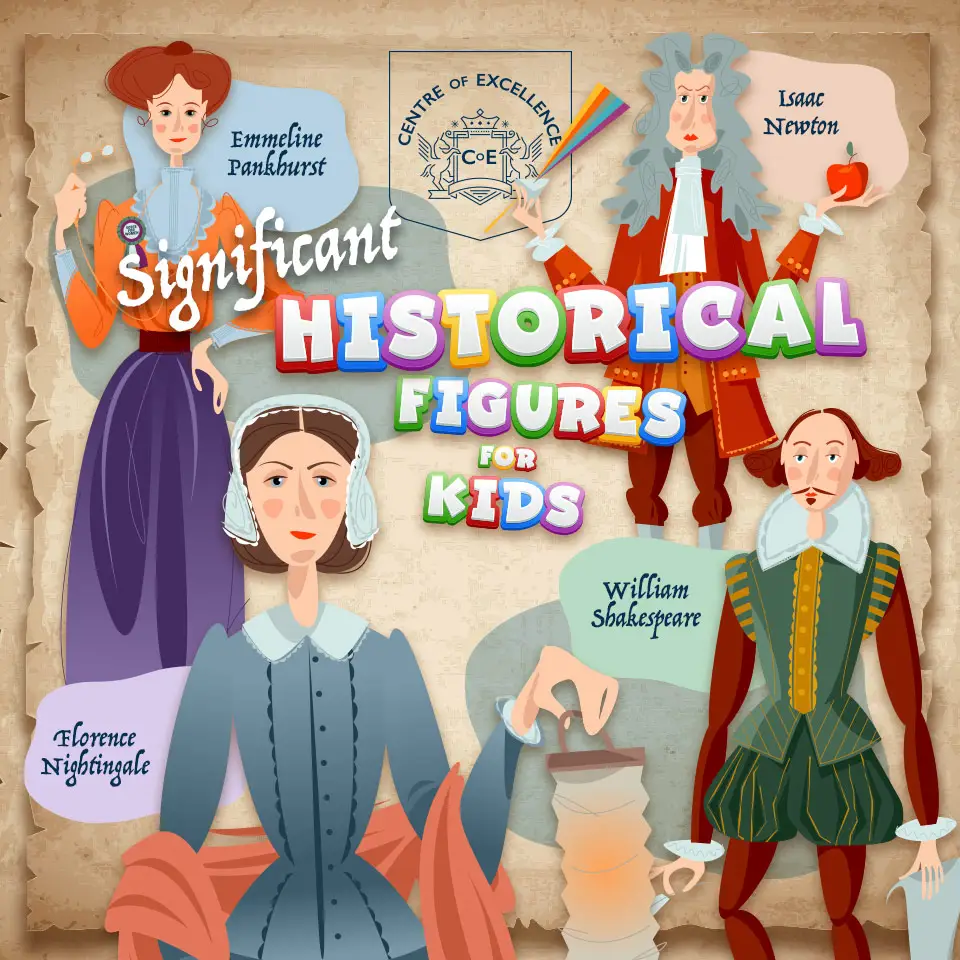 Illustration of important historical figures, including Emmeline Pankhurst, Florence Nightingale, Isaac Newton, and William Shakespeare