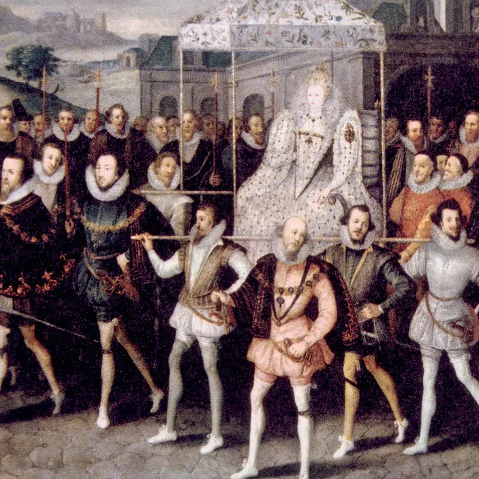 Queen Elizabeth I of England being carried by her courtiers